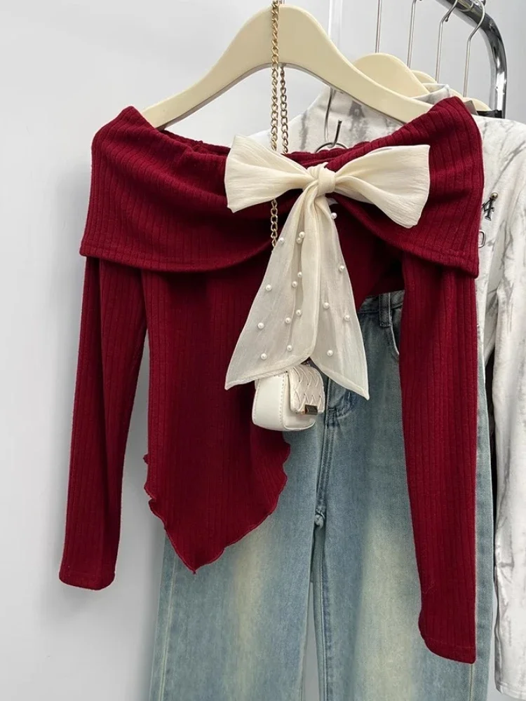 Sweet Korean Fashion Sweater Women's Bow Tied Off Shoulder Irregular Knitted Pullovers Autumn Winter Chic Sexy Short Crop Tops