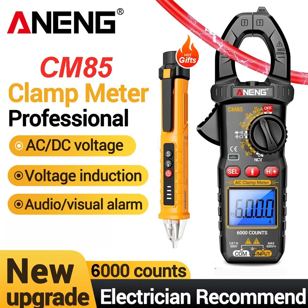 

Клещи-амперметр ANENG CM85, тестер напряжения VD802, 6000 измерений, 600А переменного тока, 600В напряжение, обнаружение NCV, измерение температуры, электрический тестер