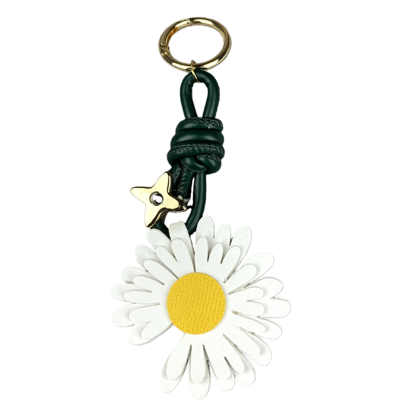 Klassischer Gänseblümchen-Schlüsselanhänger aus PU-Leder – zweifarbiger PU-Gänseblümchen-Charm mit vierblättrigem Kleeblatt-Perle/3,2 cm Metallring für Tasche, Geldbörse, Rucksack – Detail 8