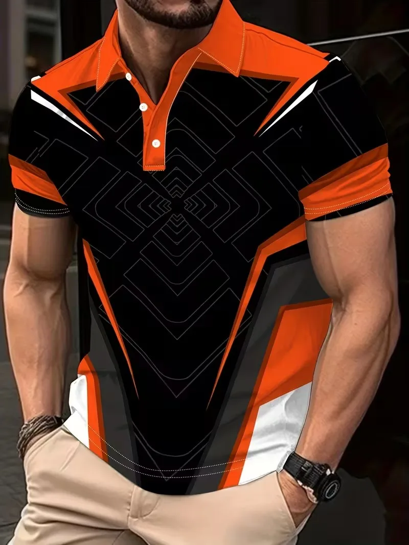 Men's short sleeved polo shirt with lapel button decoration, gradient color, fashionable and casual daily commuting top