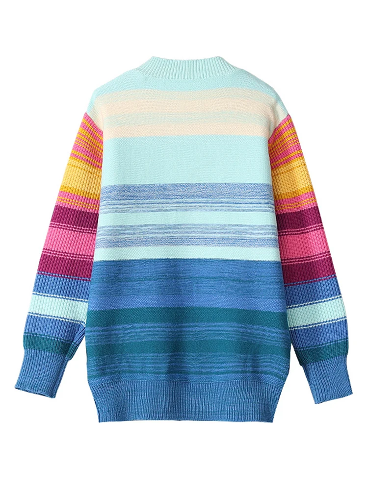 Oversized Sweater Women 2024 Fashion Rainbow Striped Embroidered Letters Knitted Pullovers Loose Casual Streetwear Tops C-119