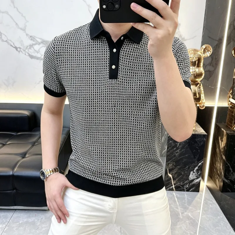 Summer Short Sleeved Men's Ice Silk Knitted T-shirt Slim Casual Business Polo Shirts Elastic Comfortable Social Office T-shirts