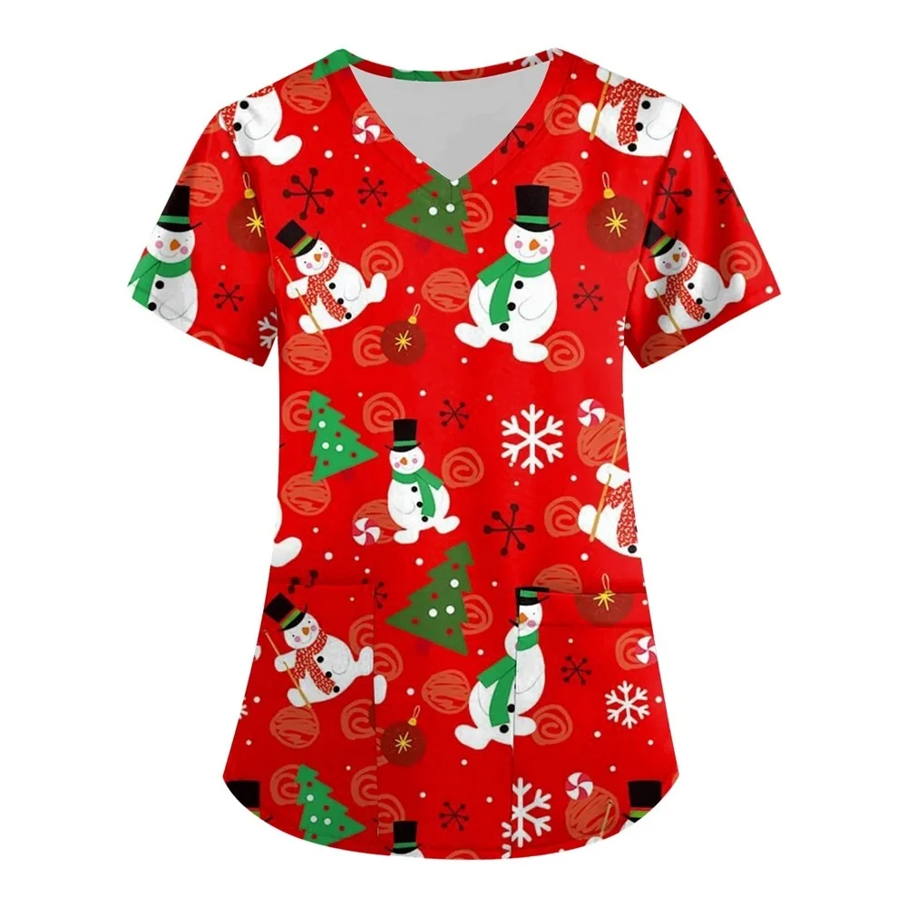 New Christmas Women Nursing Scrubs V-neck Pocket T-shirt Scrubs Uniforms Clothing Plus Size Tops Short Sleeve Santa Claus Tops