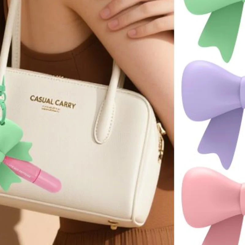 Portable Silicone Bow Lipstick Holder with Keychain Non-slip Lip Gloss Protective Sleeve Pendant for Bag Hanging Decor