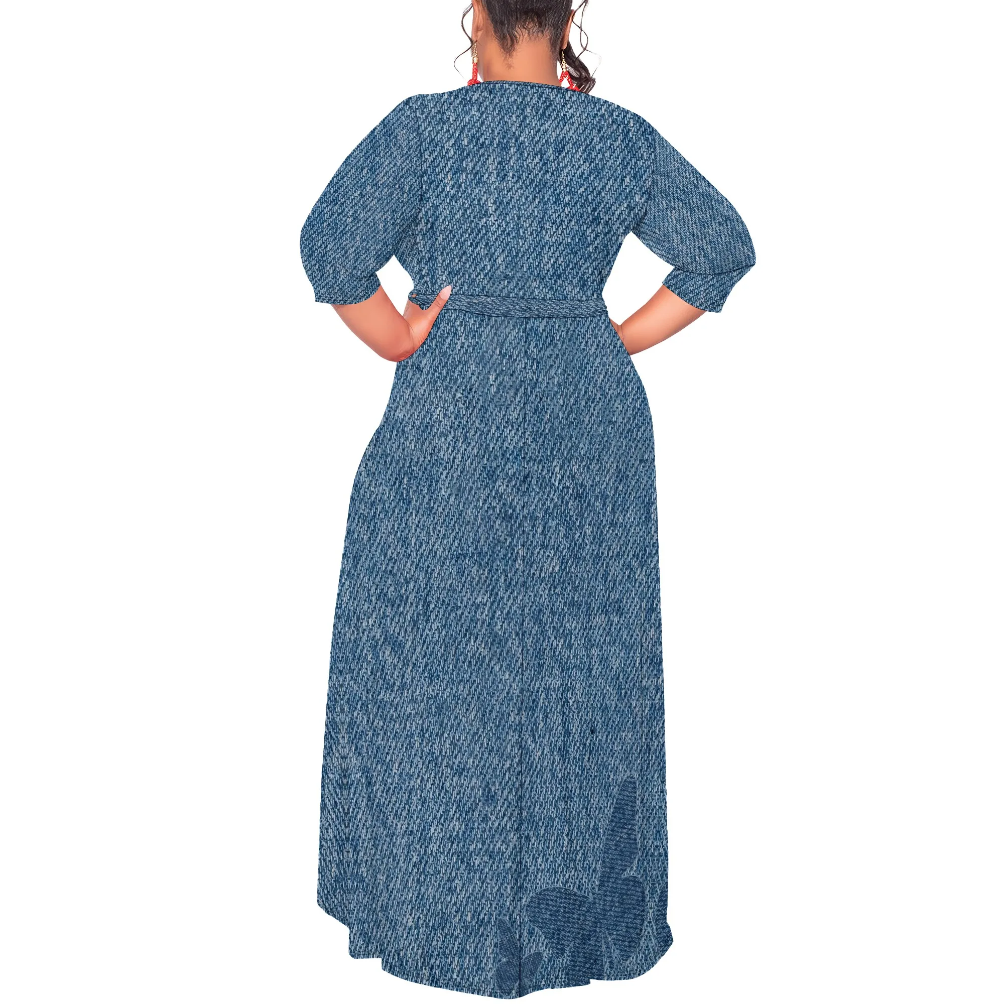 Blue Textured Denim Look Maxi Dress with Belt - Casual V-Neck Wrap Style for Summer