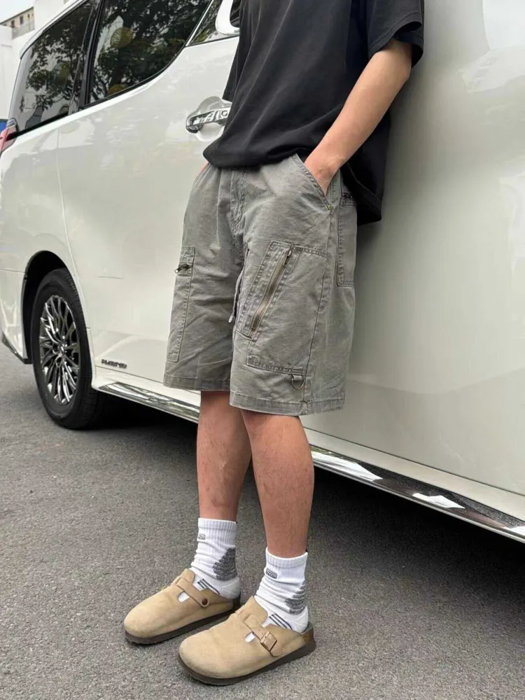 

Summer New American Retro Heavyweight Multi-ket Workwear orts Men Casual Loose Versatile Waed Five-Quarter Pants