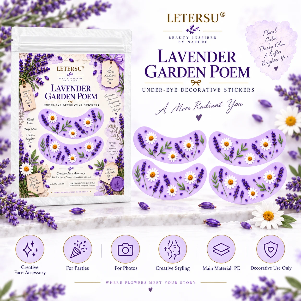 4PCS Lavender Flower Under Eye Stickers, Cute Purple Daisy Eye Patches, Floral Face Makeup Accessories for Women, Party Photos