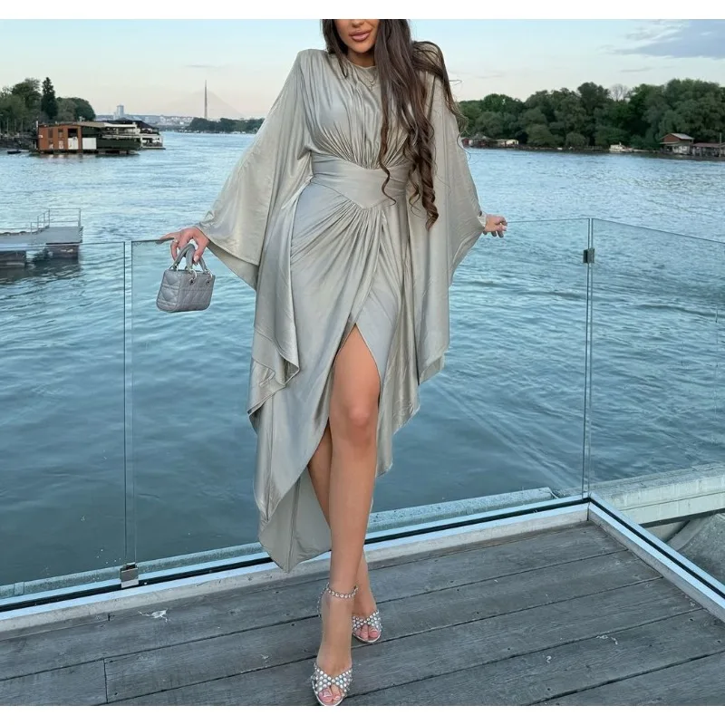 

2025 Sexy Fitted Waist Ruched Batwing Sleeve Irregular Split Long-Sleeve Dress for Women