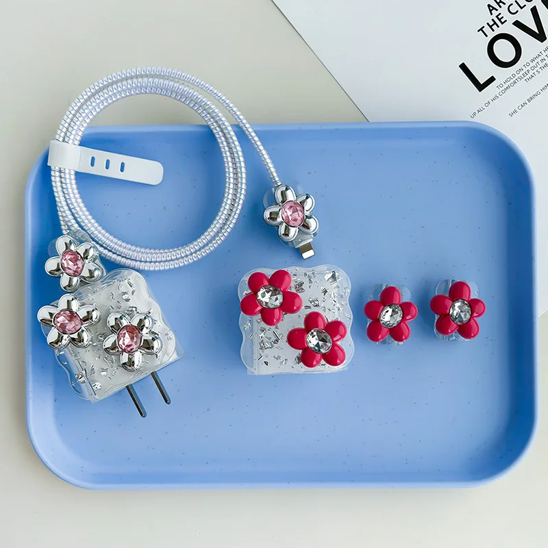 3D Crystal Flowers 5Pcs Charging Data Cable Protector for iPhone 18w/20w Charger Protective Cover Winder Accessories