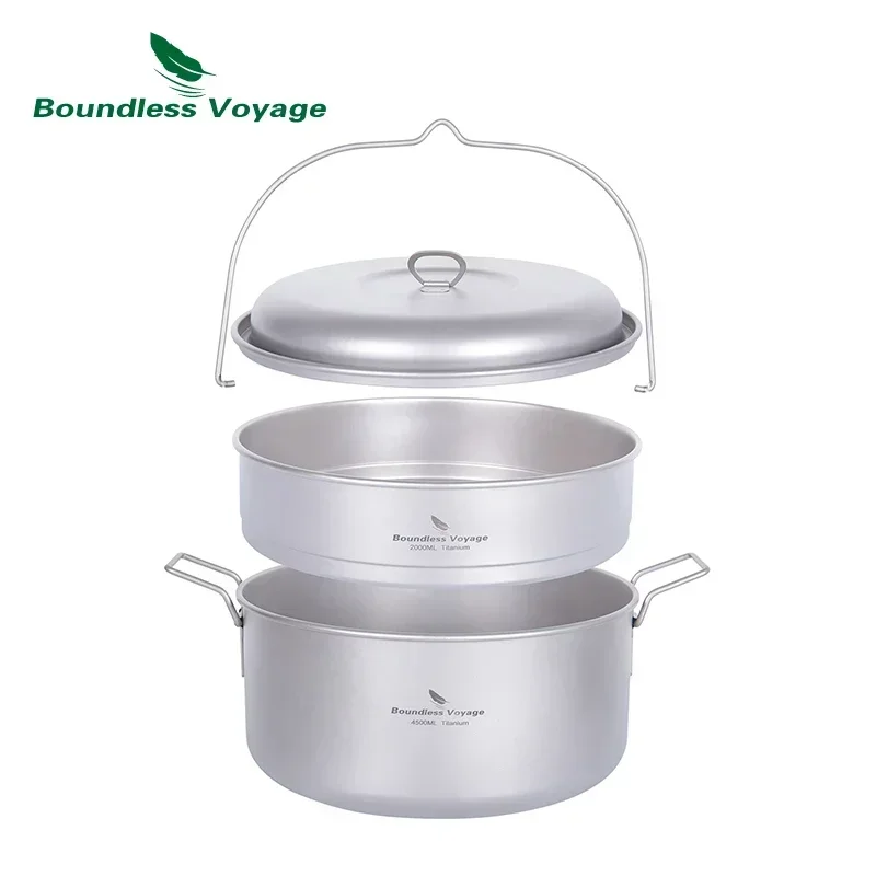 Boundless Voyage 4.5L Titanium Soup Pot with 2L Steamer 3-5 Person Outdoor Travel Camping Cookware Stockpot with Hanging Ring