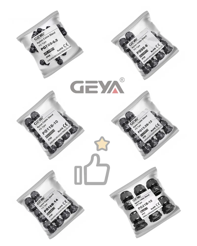 GEYA IP68 Cable Gland PG7 20PCS for 3-6.5mm PG9 PG11 PG13.5 PG16 PG21 Wire Cable Waterproof Nylon Plastic Cable Gland Connector