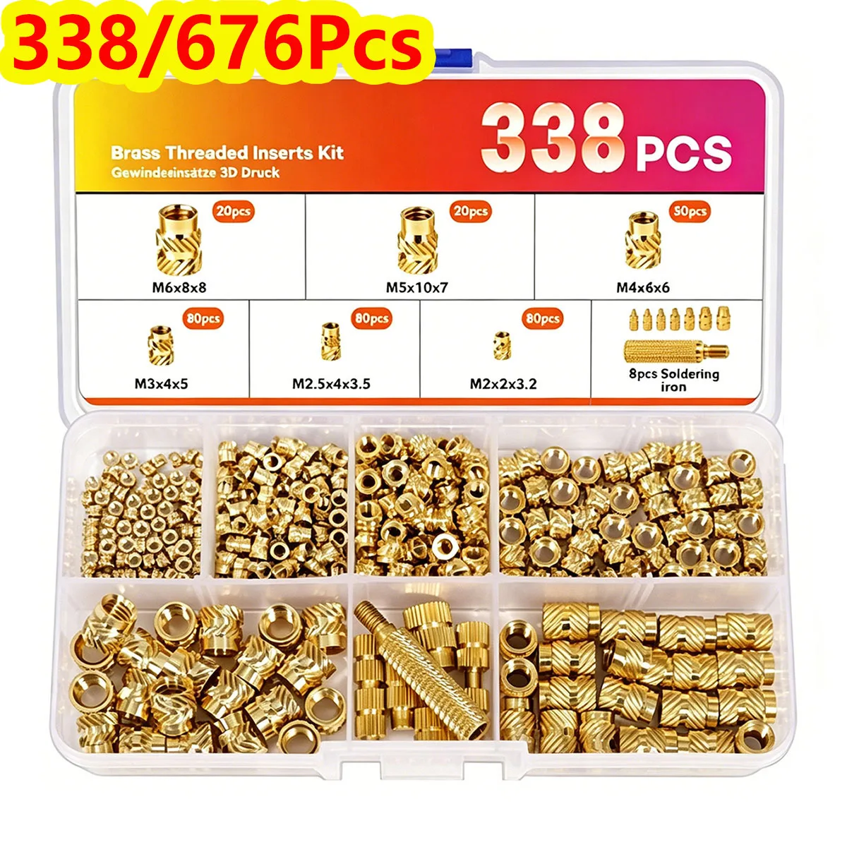 

338/676Pcs Threaded Insert Nuts M2/M2.5/M3/M4/M5/M6 3D Printer Brass Embedding Nuts Melting Thread Insert Female Knurled Nut DIY