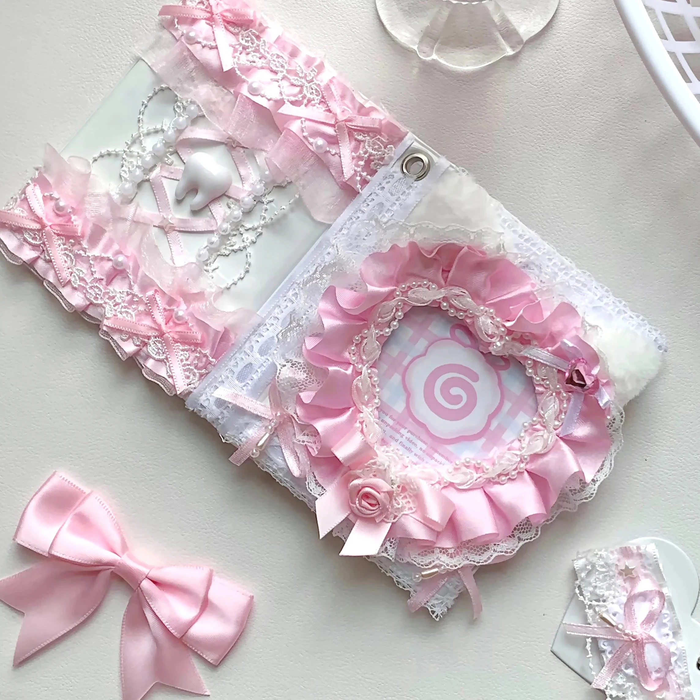 Pink Kawaii Card Binder Ribbon Handmade Kpop Card Collector Holder Animel Card Album with Cute Keychain for Girls