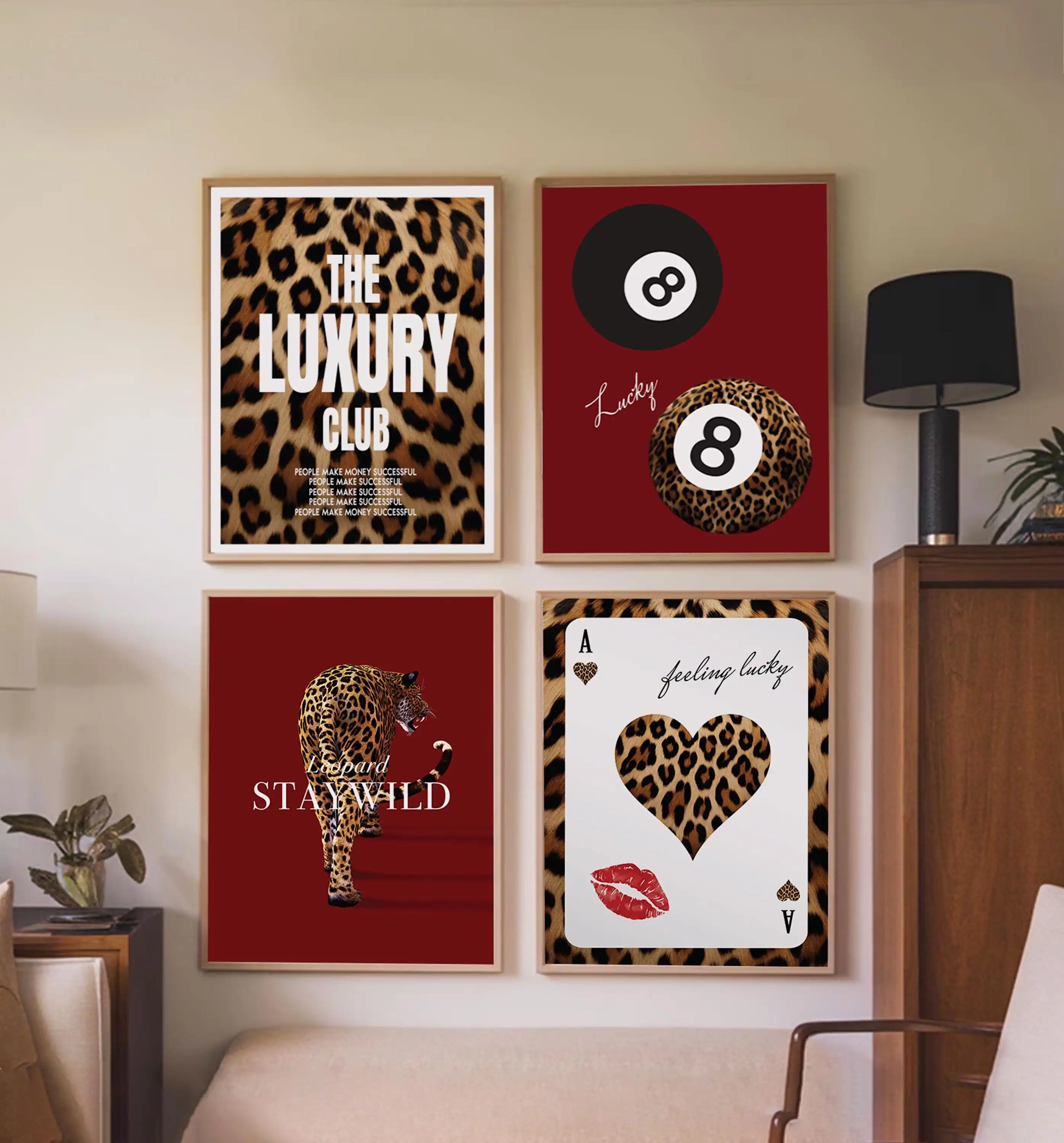 1/4pcs Vintage Y2K Red Leopard Print Wall Art Posters Abstract Trendy Painting Magazine Aesthetic Art Playing Cards Decor Poster