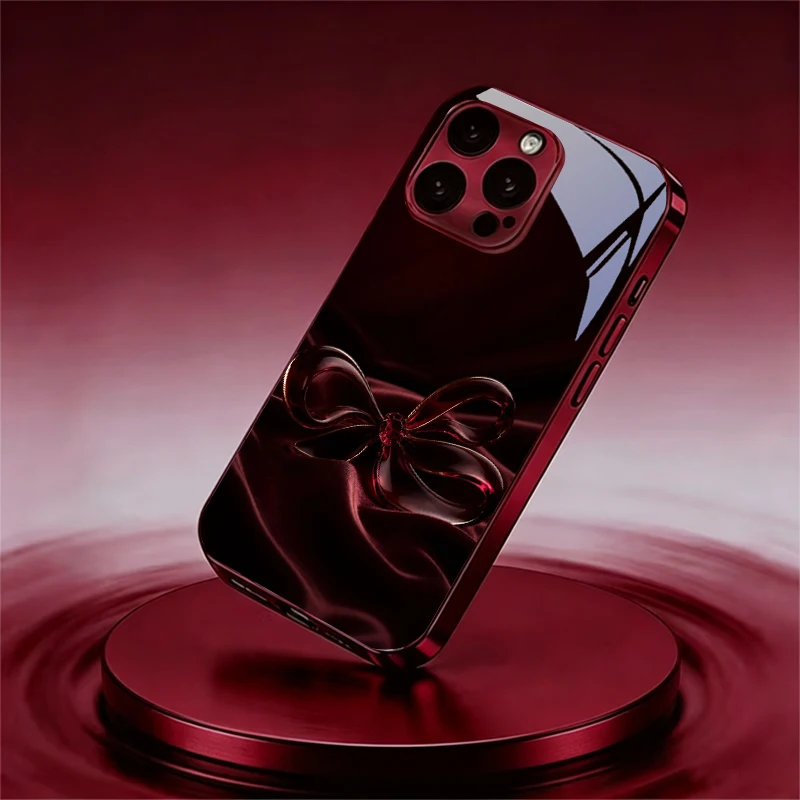 Velvet Pleated Sole Electroplated Wine Red Glass Phone Case For iPhone 18 11 12 13 14 15 16 E 17 Pro Max Plus 17Air 16Plus Cover