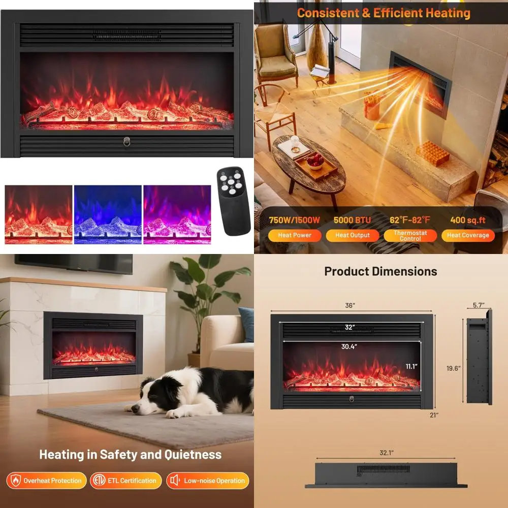 Electric Fireplace Wall-Mounted Recessed 3-Color Flame 5-Level Brightness 8-Hour Timer 750/1500W Freestanding Insert Black