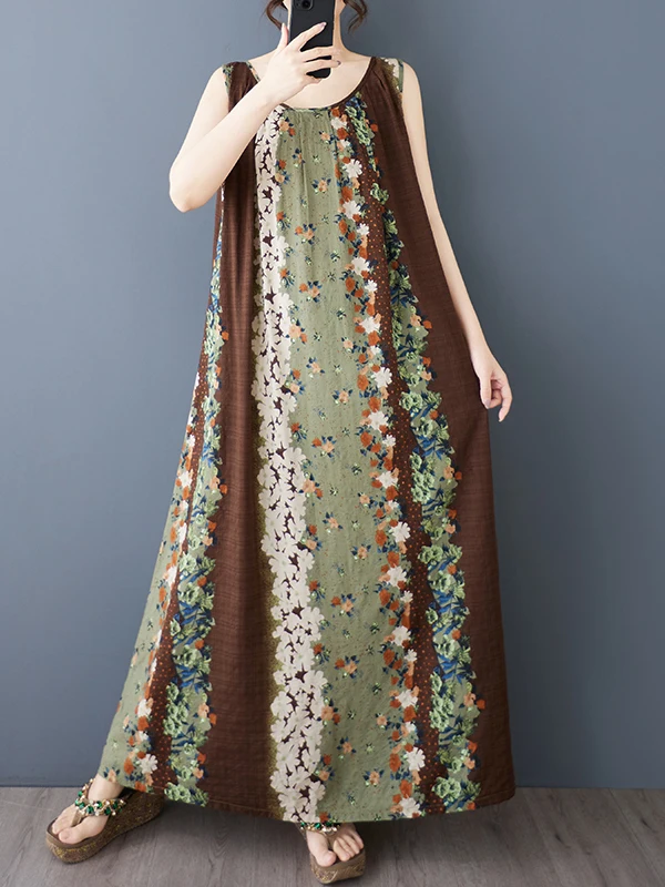 

Summer New plus Size Cotton Linen Long Dress Flower Print round Neck Sleeveless Loose Comfortable Thin A-Line Dress