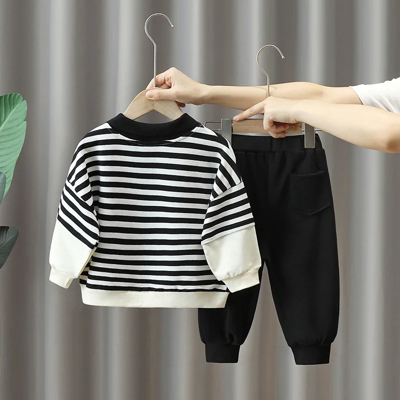 Boys Stripes Patchwork Sweatshirt+Sweatpants 2Piece Set Spring Autumn Outfit Casual Children Tracksuit 2-10Year Kids Sport Suit