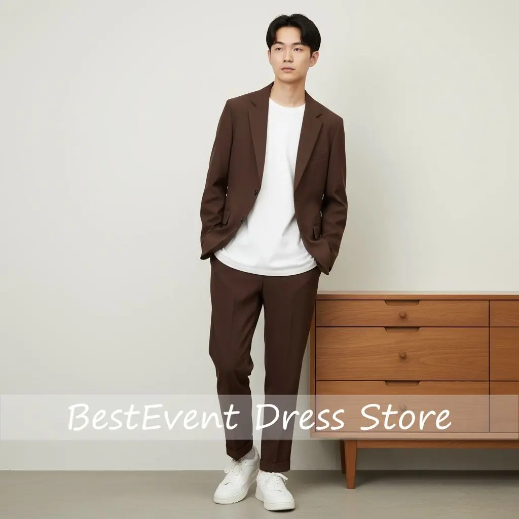 Men Relaxed Basic Blazer Suit Set Faux Wool Elastic Waist Cuffed Pants Korean Streetwear 2 Pcs Smart Casual Oversized Customized