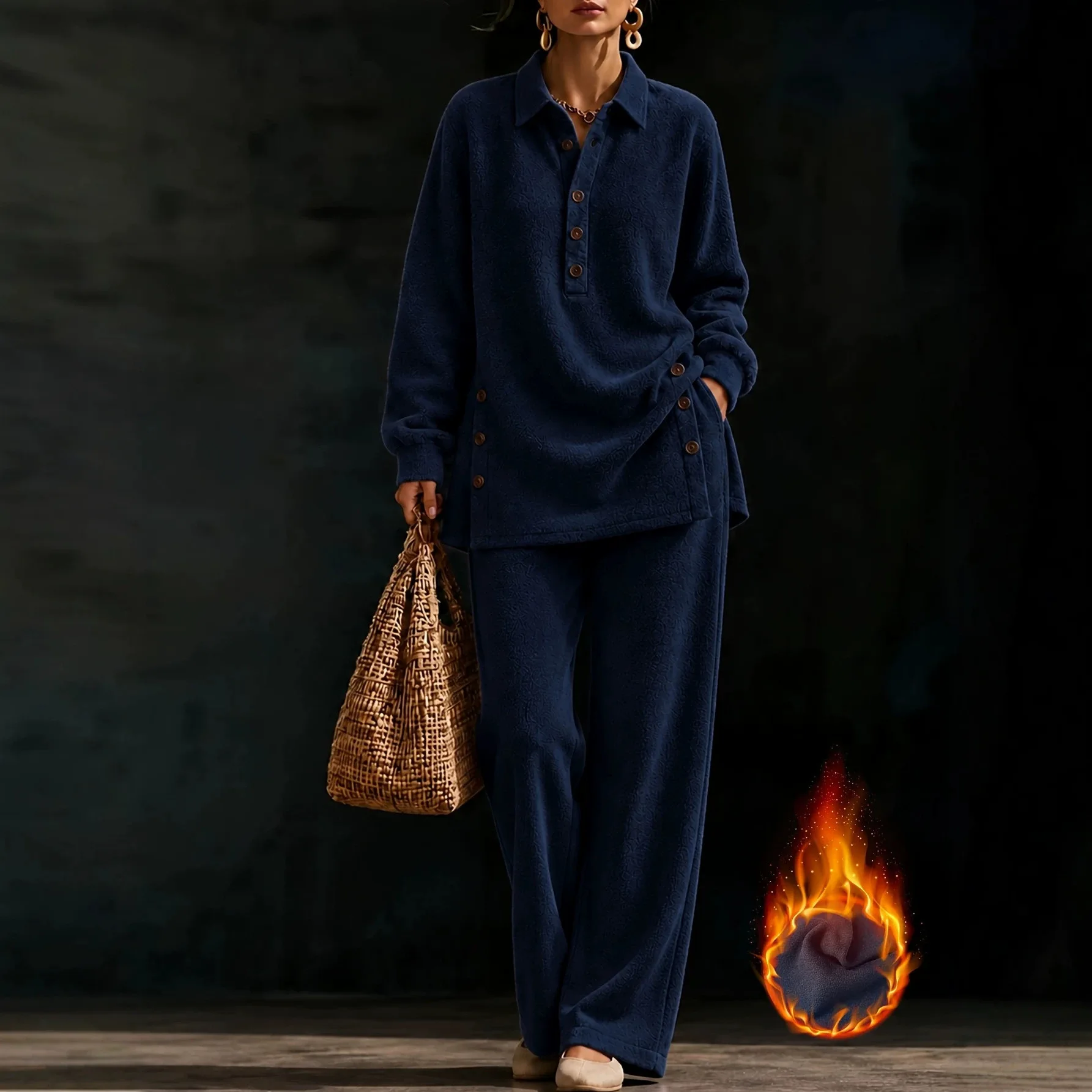 Women's Thick Warm Fleece Casual Home Track Suit Lapel Long Sleeve Side Buttons Blouse High Waist Wide Leg Pants 2 Piece Outfit