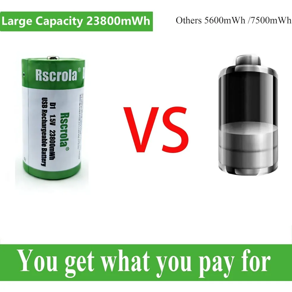 1.5V D1 Li-ion Battery 23800mWh Rechargeable D Battery with Charging Cable for Gas Cooker Water Heater Flashlight Radio Tool Toy