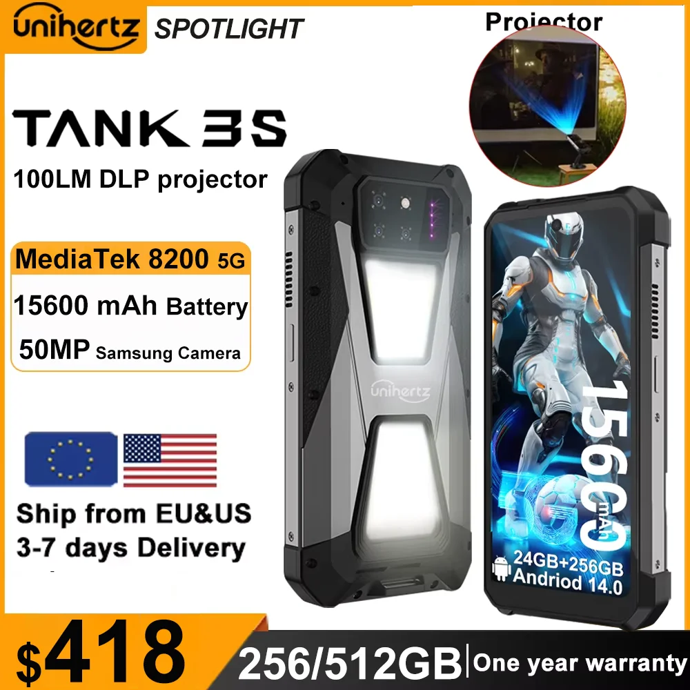 

Unihertz tank 3s 8849 powered smartphone with projector 24GB 256GB Dimension 8200 cellphone 15600mAh 66W charger 64MP 5G phone