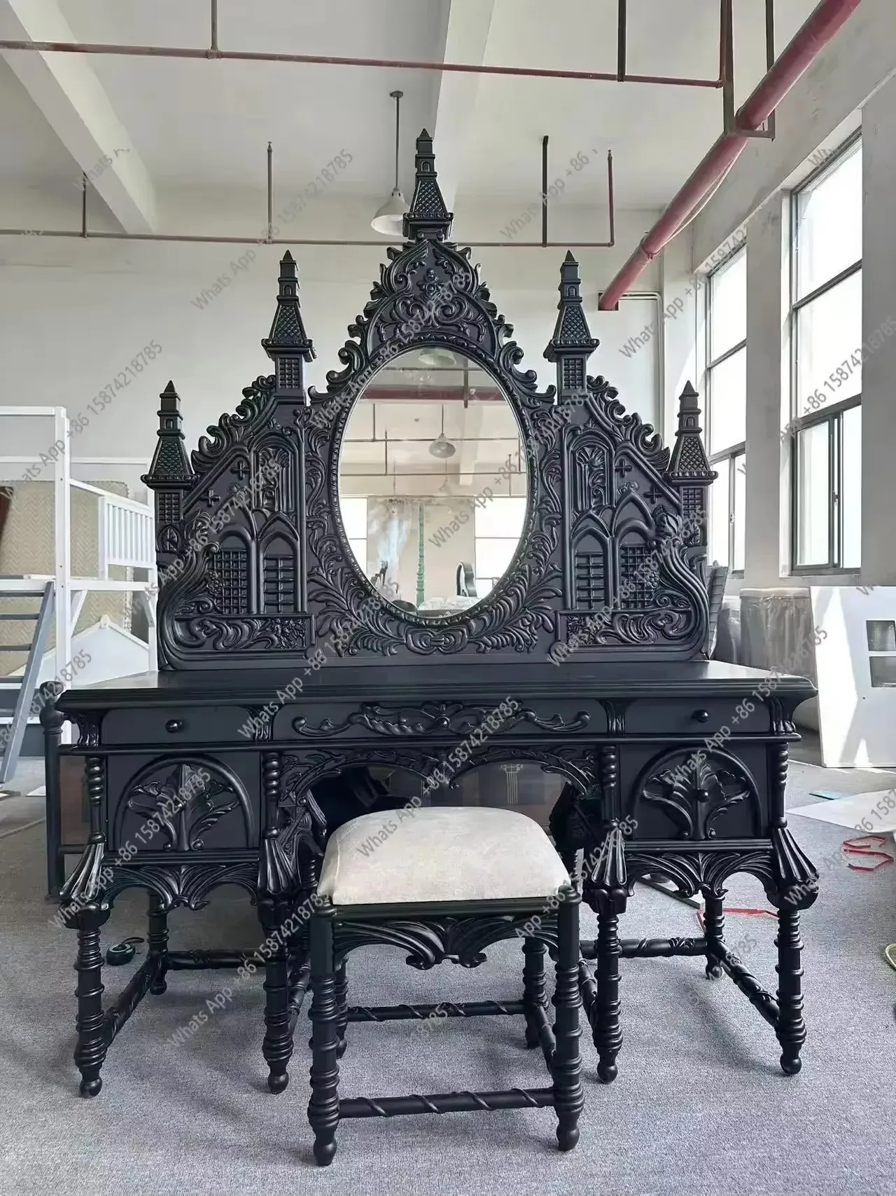 66 B Full Carving Solid Wood Tenon And Mortise Structure Black Makeup Table Retro Dresser Set French Castle Designer Gothic Styl
