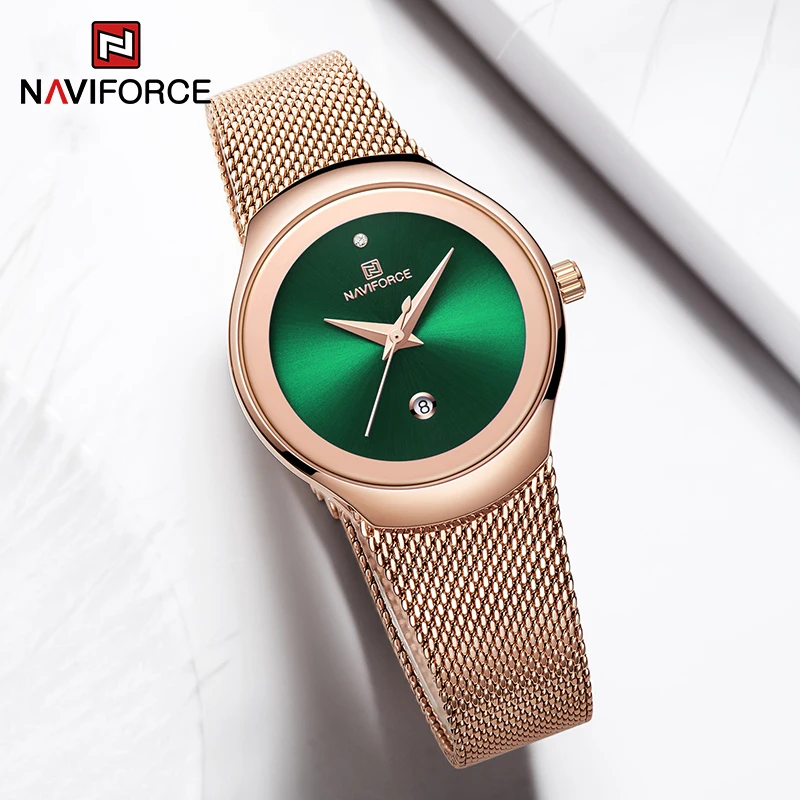 NAVIFORCE Luxury Green Analog Date Quartz Fashion Ladies Watches Mesh Steel Strap Waterproof Business Women Wristwatch Clocks