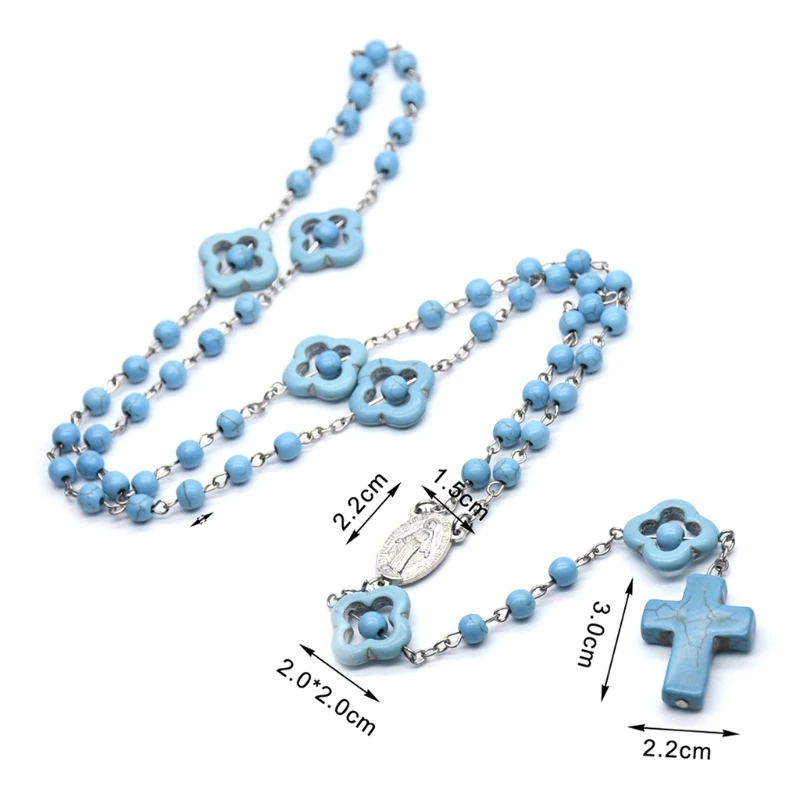 Katholische türkisfarbene Rosenkranz-Halskette, Mary-Anhänger, runde Perle für Kreuz-Halsketten, religiöses Beten, Modeschmuck