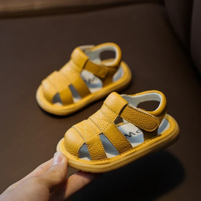 Sandalias anticolisión para niños y niñas, zapatos de piel auténtica de fondo suave para playa, Verano