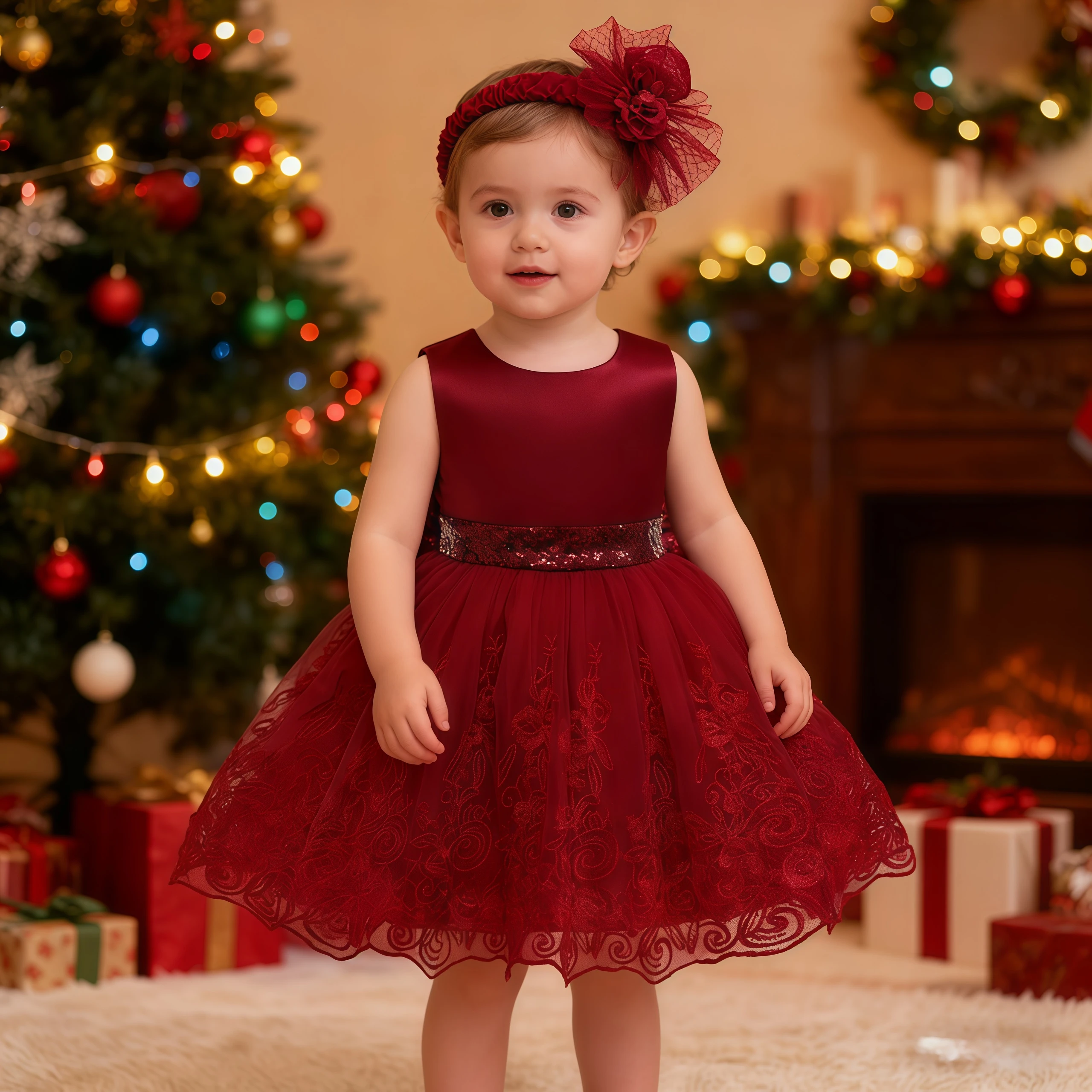 Baby Girls Christmas Gift Red Dresses For Cute Infant Lace Princess Dress With Headwear For Kids Baptism Wedding New Year Gown