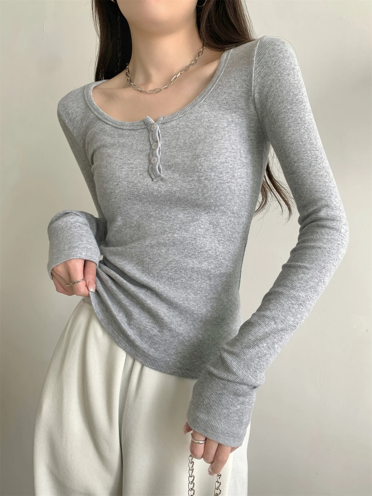 Efeito de emagrecimento botão até longo sve u ne topo feminino faion outono novo sle simples ey versátil camada base irt