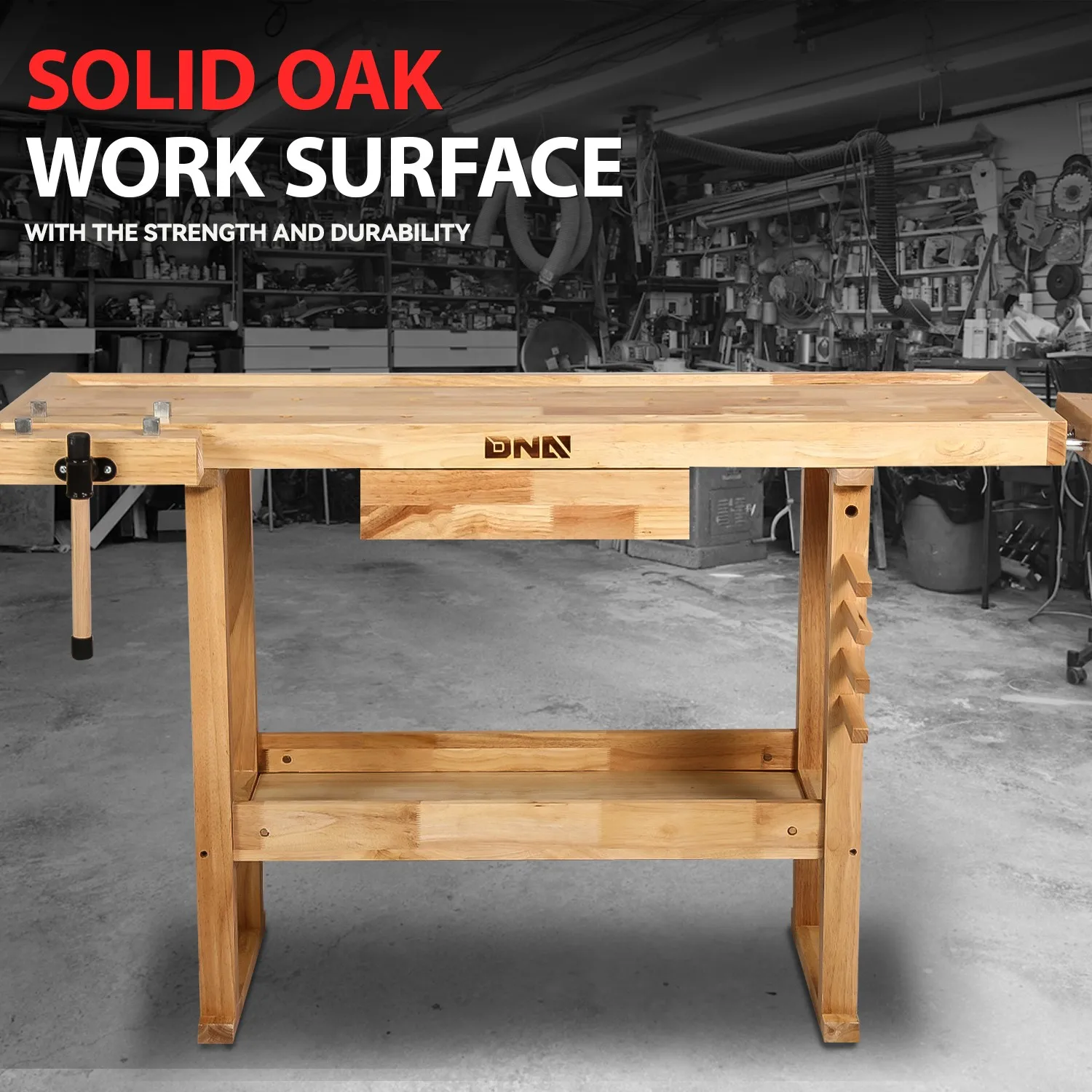 Banco da Lavoro in Rovere Resistente 60" x 25" con Cassetti e 2 Maniglie Regolabili