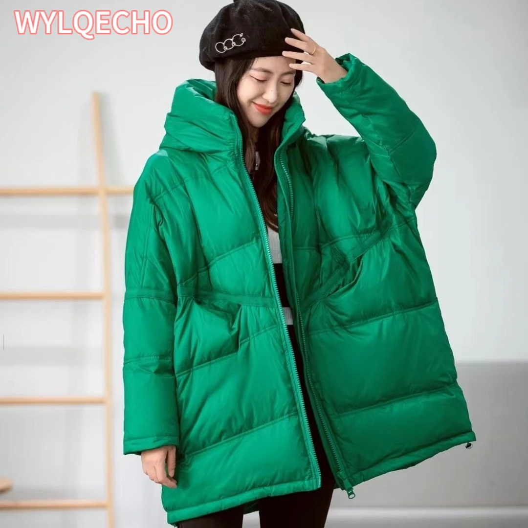 2023 New Winter Women 90% White Duck Down Jacket Casual Loose Over Size Warm Parka Female Drawstring Hooded Puffer Coat