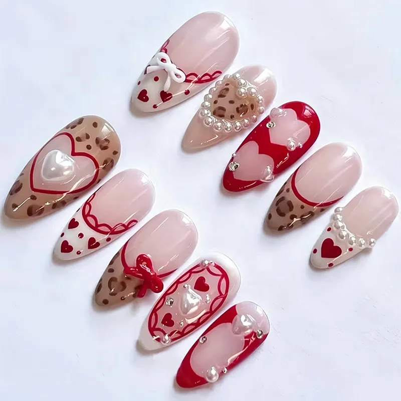 24 uñas postizas almendradas de longitud media, marrón rosado con lunares y encaje francés, con moño y perla 3D 6
