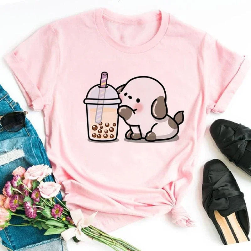 Adult and Children's Cosmic Cat / Puppy Full Cup Bubble Tea Printed Pure Cotton Versatile T-Shirt