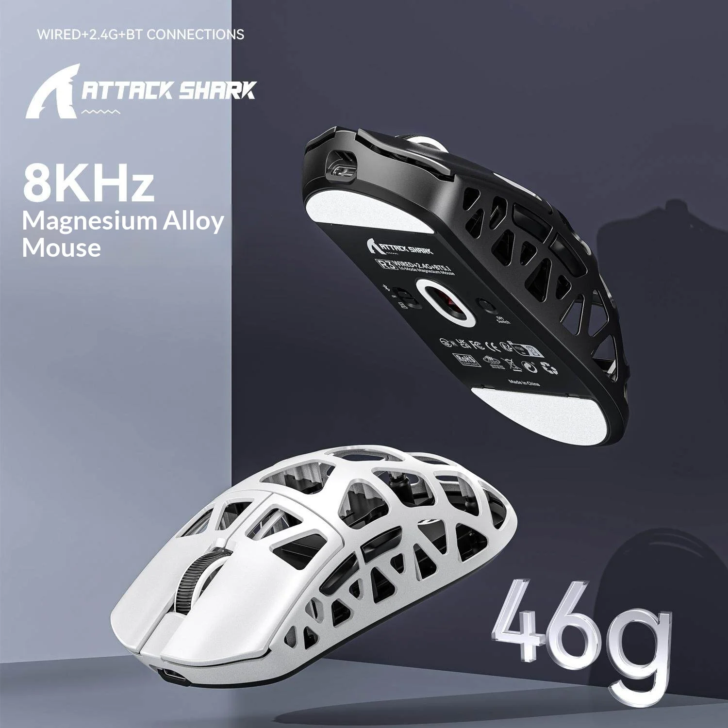 Attack Shark R3 8KHz Magnesium Alloy Mouse PixArt PAW3395 Sensor up to 26000 DPI, 2.4G/BT/Wired 46g superlight, for PC/Mac Gifts