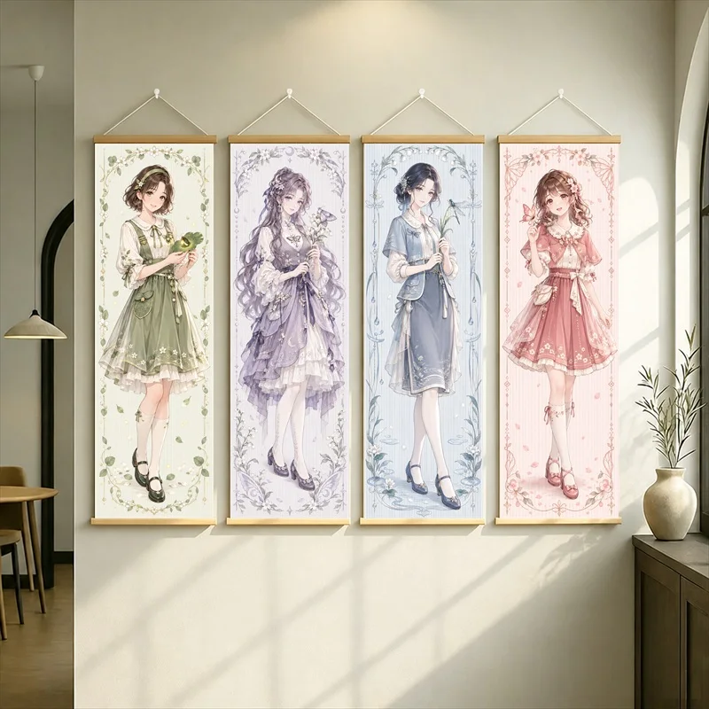 Anime Girls in Soft Pastel Dresses Hanging Scroll with Green, Lavender, Blue and Pink Floral Borders for a Reading Nook