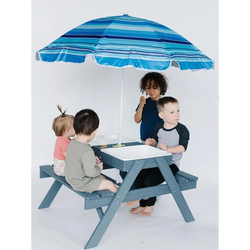 Beright Kids Sensory Picnic Table with 3 Collapsible Bins (1large + 2 small) and Umbrella