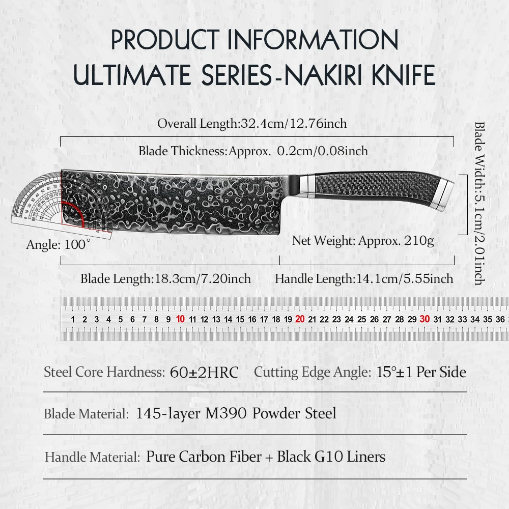 HEZHEN 7.2-inch Nakiri Knife M390 Steel Core 60±2 HRC 145-Layer Damascus Steel DLC Blade Carbon Fiber Handle