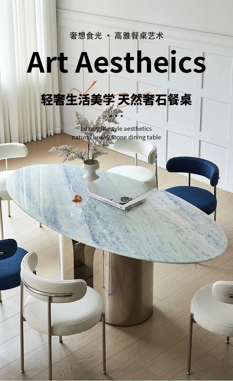 Blue Crystal Luxury Stone Dining Table Translucent  Style Light Luxury Pure Natural Marble Oval Table