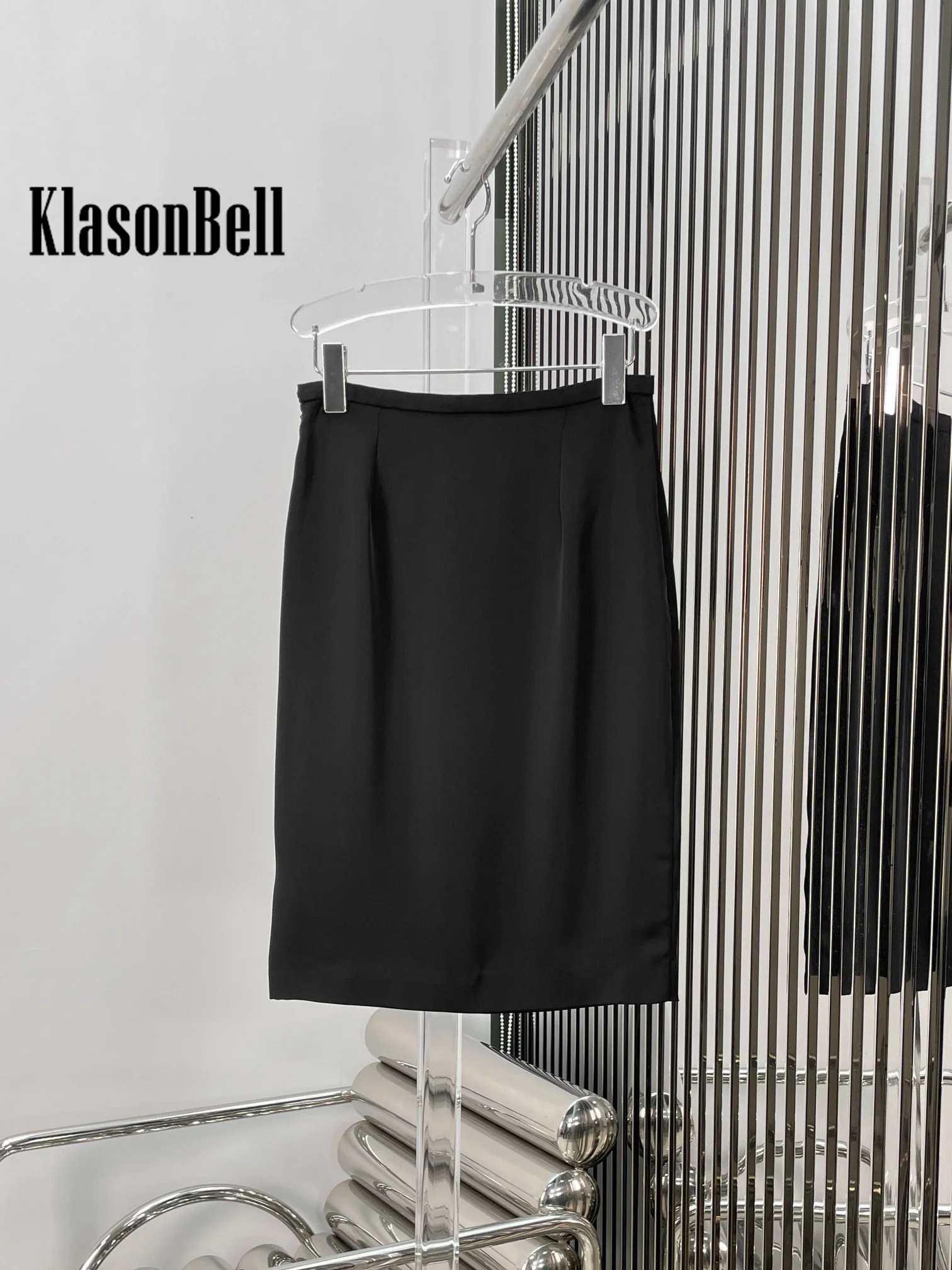 8.11 KlasonBell Women Clothes Elegant All-matches Satin Pencil Skirt Fashion Black High Waist Side Zipper Knee-Length Skirt