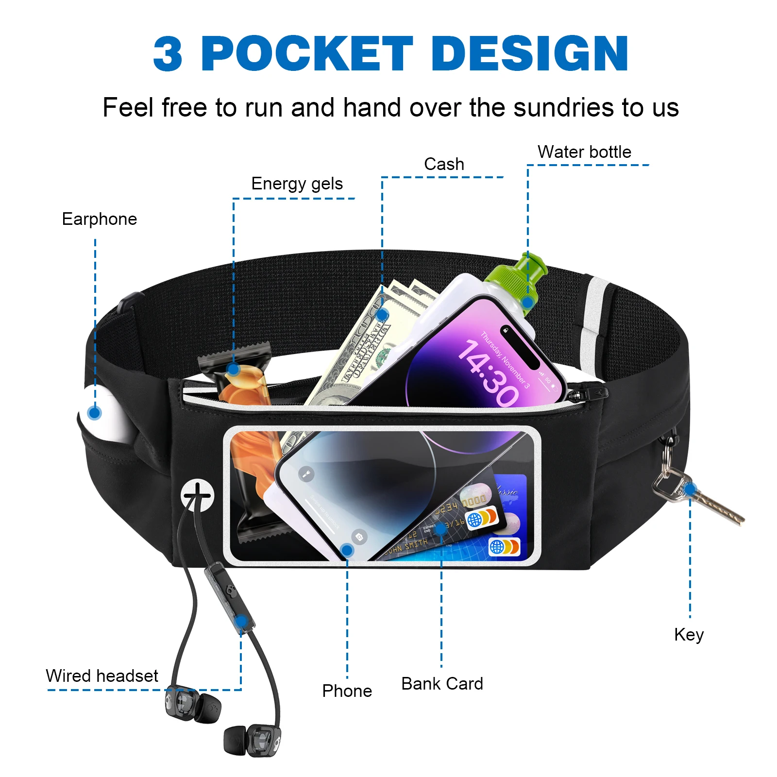 HAISSKY Touch Screen Running Waist Belt For iPhone 15 14 13 12 Pro Max 15 Plus Elastic Zipper Pockets GYM Sports Waist Pack Bags