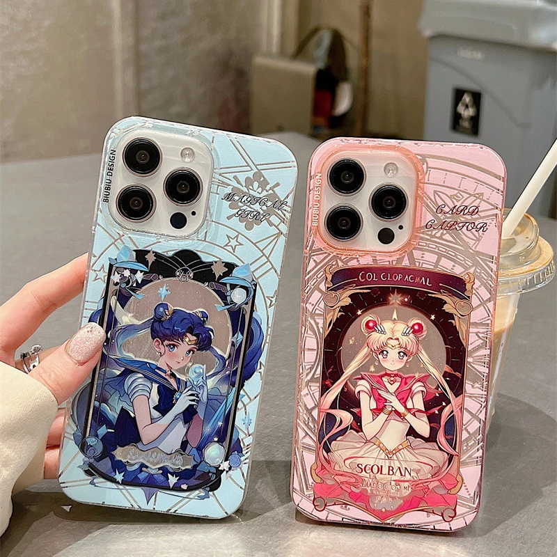 Cute Cartoon Sailors Moons Edged Phone Cases For Apple iPhone 15 14 13 Pro Max INS Soft Silicone Back Shockproof Protect Cover