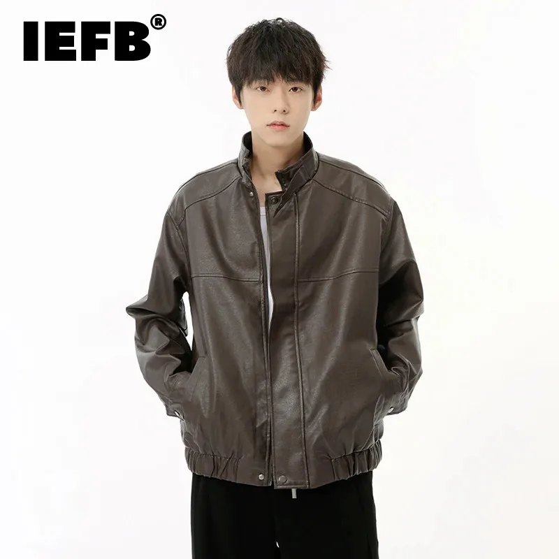 

IEFB American Style Men's Jackets PU Leather Casual Zippers Menwear Stand Collar Solid Color Loose Male Tops New Stylish 9C6877