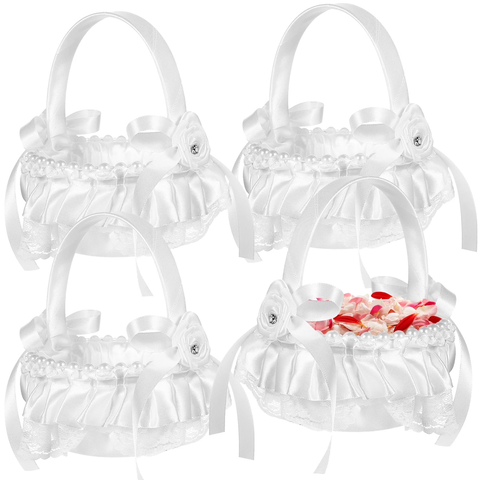 

4 pcs Baskets Satin Decorative Basket Decorative Weddings Baskets Wedding Handle Storage Classic Pearl Bowknot
