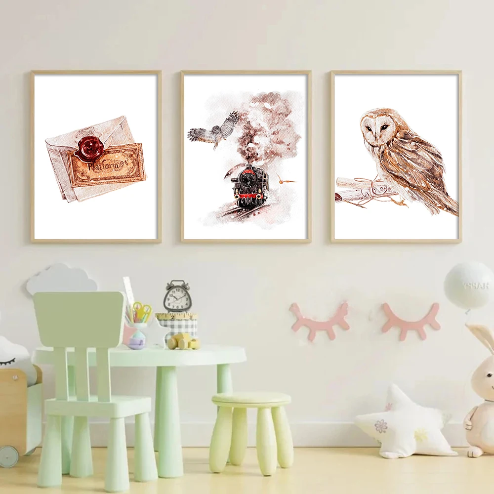 

Magic School Owl Train Poster Nordic Wall Art Canvas Prints Abstract Watercolor Painting Kids Room Home Decor Picture Cuadros