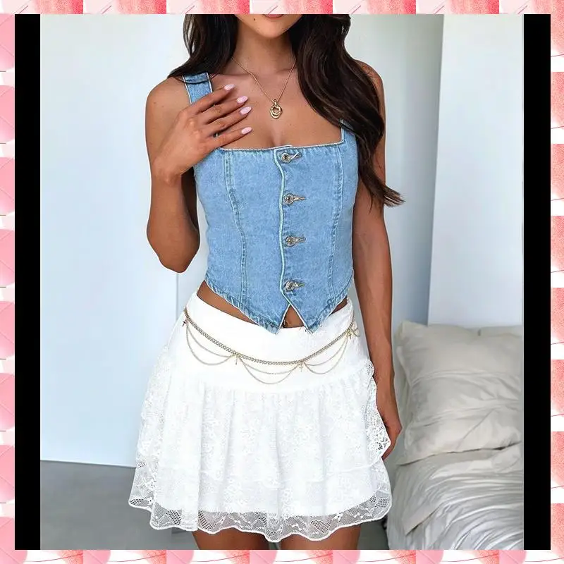 Feminino denim colheita colete y2k botão para baixo sem mangas colheita topo jean tanque superior magro sem costas espartilho topo smocking colete