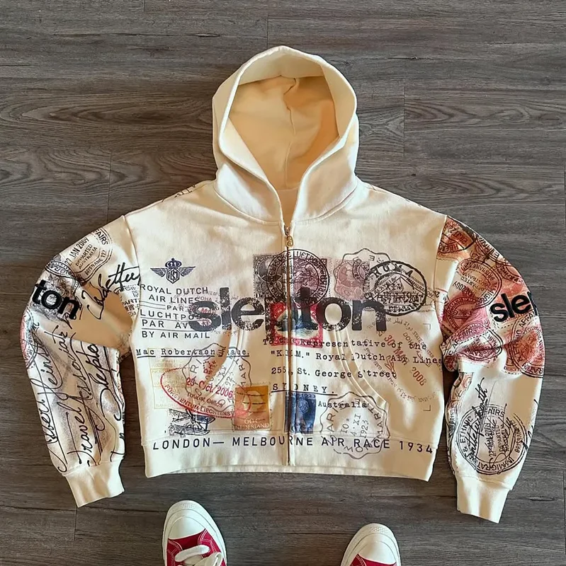 Reversible sweatshirt jacket zipper hoodie printed letters cartoon fashion multifunctional retro 2K high street men and women
