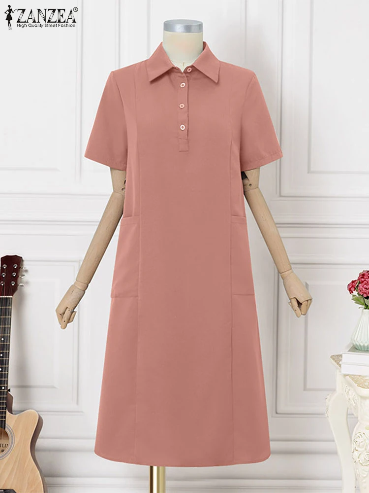 ZANZEA-vestido veraniego para mujer, camisas Vintage, vestido holgado de manga corta de Color sólido, Vestidos con bolsillos y cuello de solapa para verano 2025